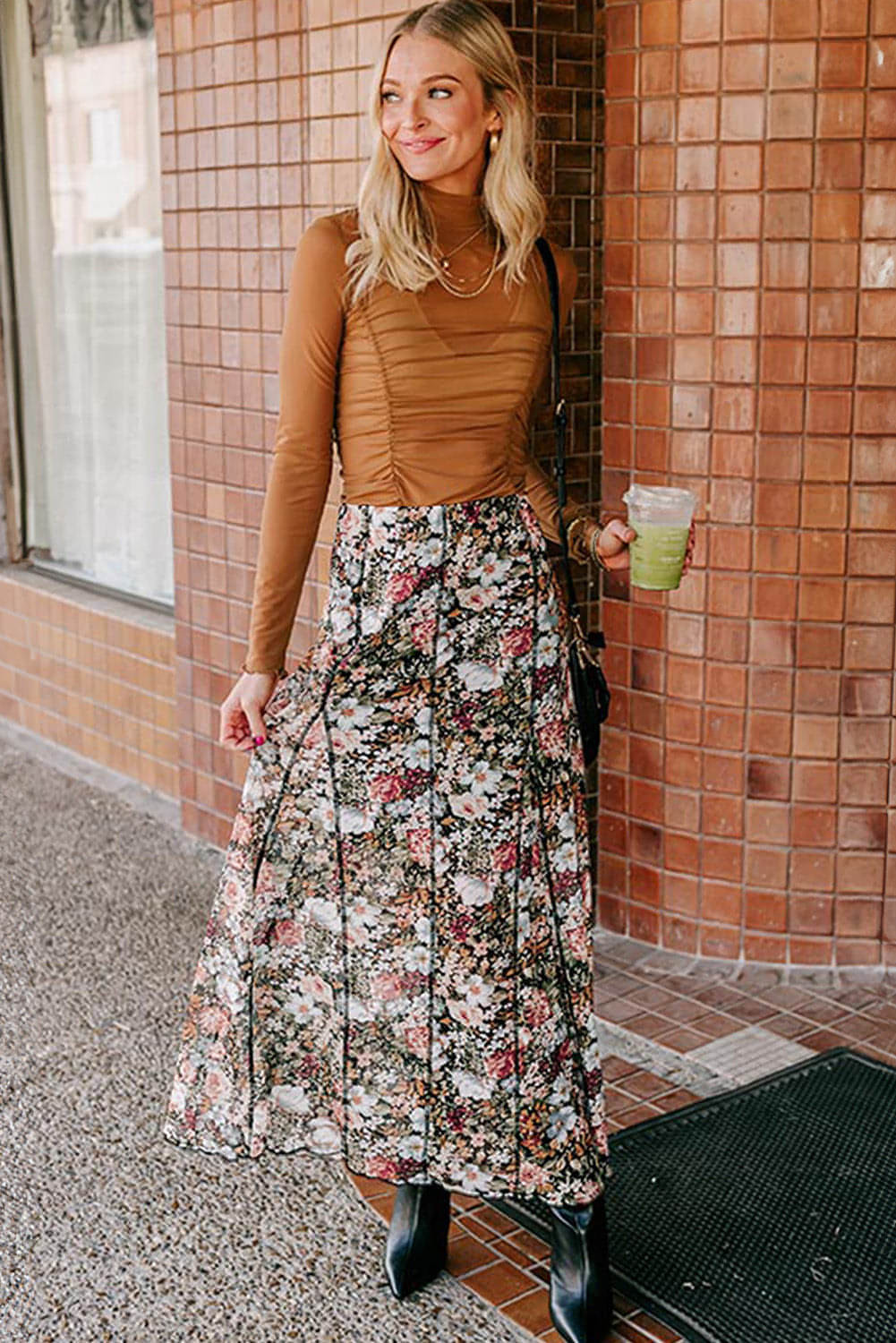 Bruine bloemenprint hoge taille maxi rok