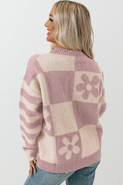 Orchid Petal Checkered Floral Print Striped Sleeve Sweater