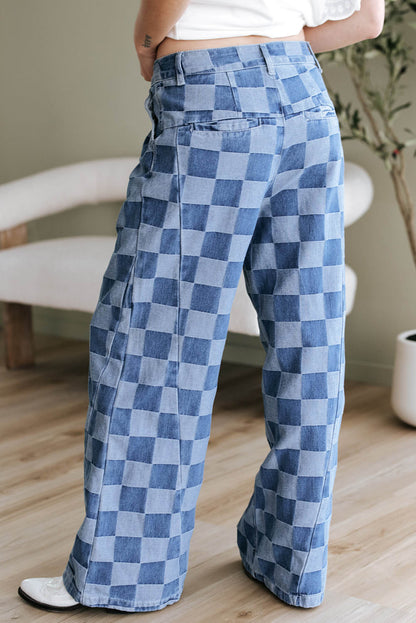 Dusk Blue Checkered Denim Wide Leg Jeans