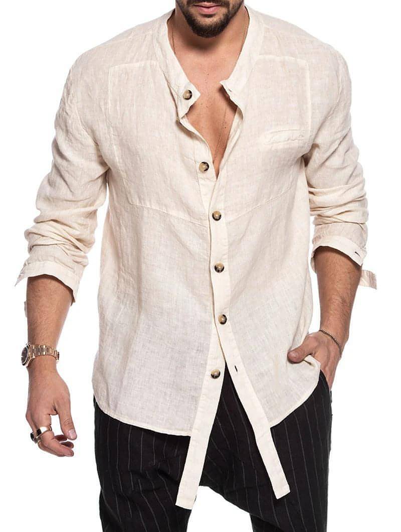 Cotton Linen Men's Long Sleeve DressShirt