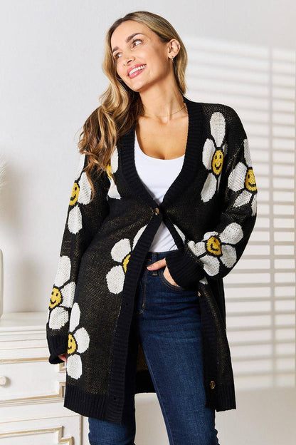 Perfee – Langer Cardigan mit Knopfleiste und Blumenmuster