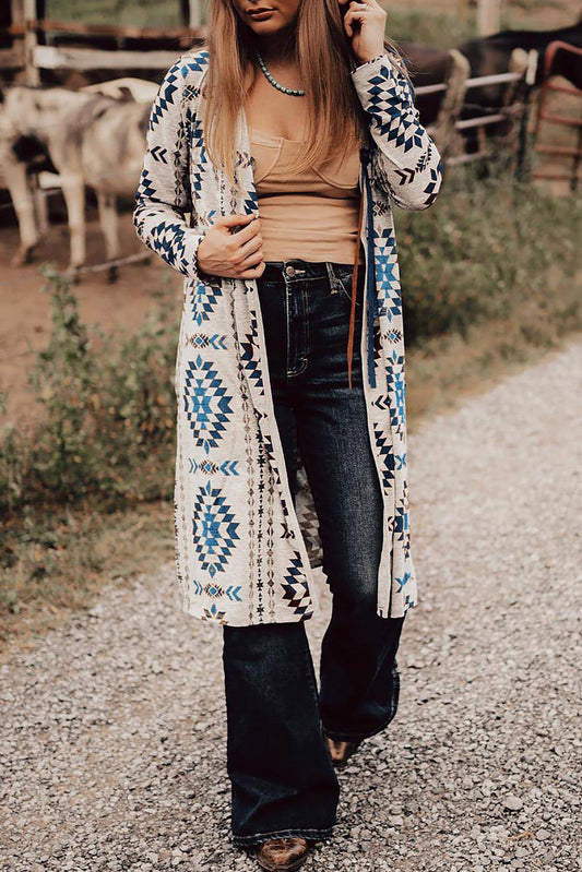 Небо Blue Western Aztec Printed Open Front Long Cardigan