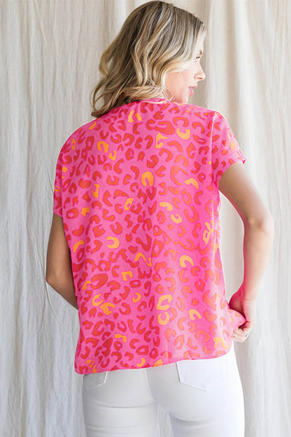 Pink Leopard V Neck Short Sleeve Blouse