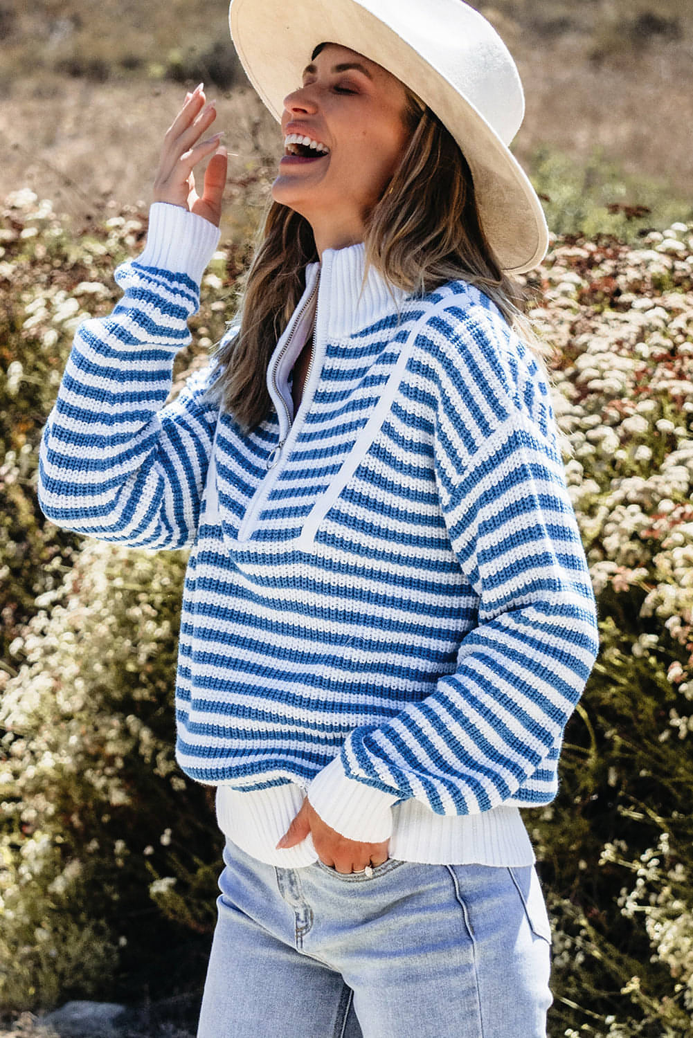 Sky Blue Stripe Zip up Collar Drop Shoulder Sweater