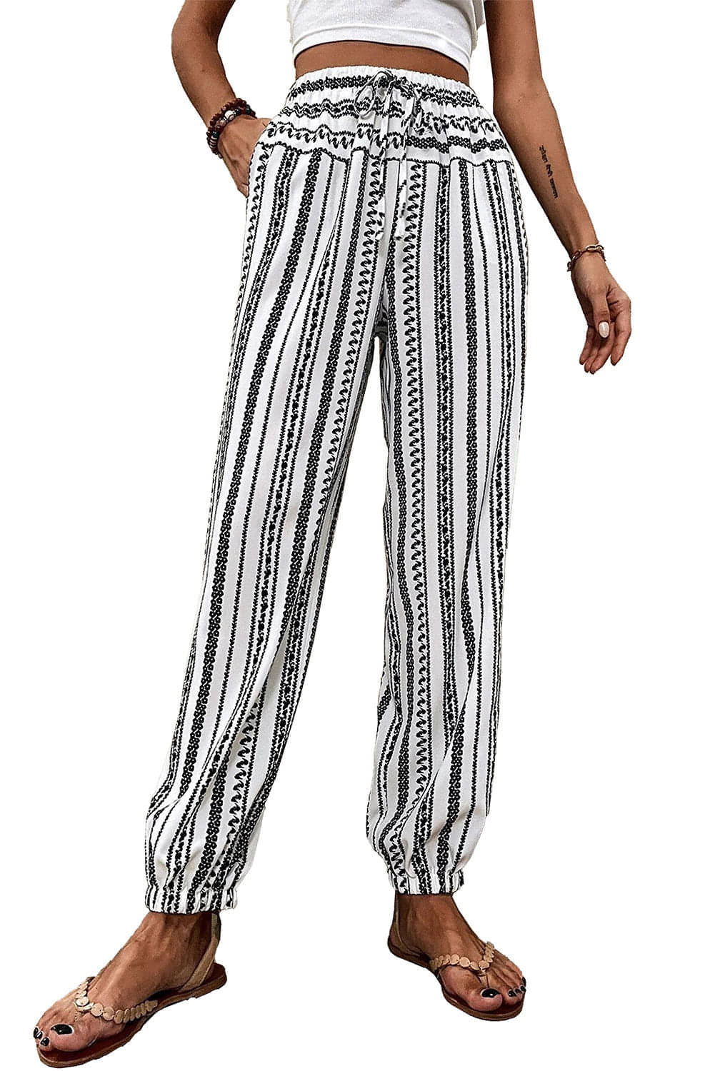 Black Stripe Boho Striped Print Casual Bukser