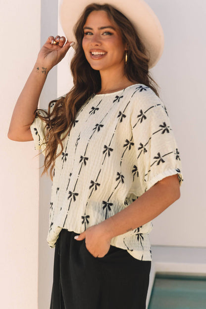 Beige Bow Print Puff Short Sleeve Top