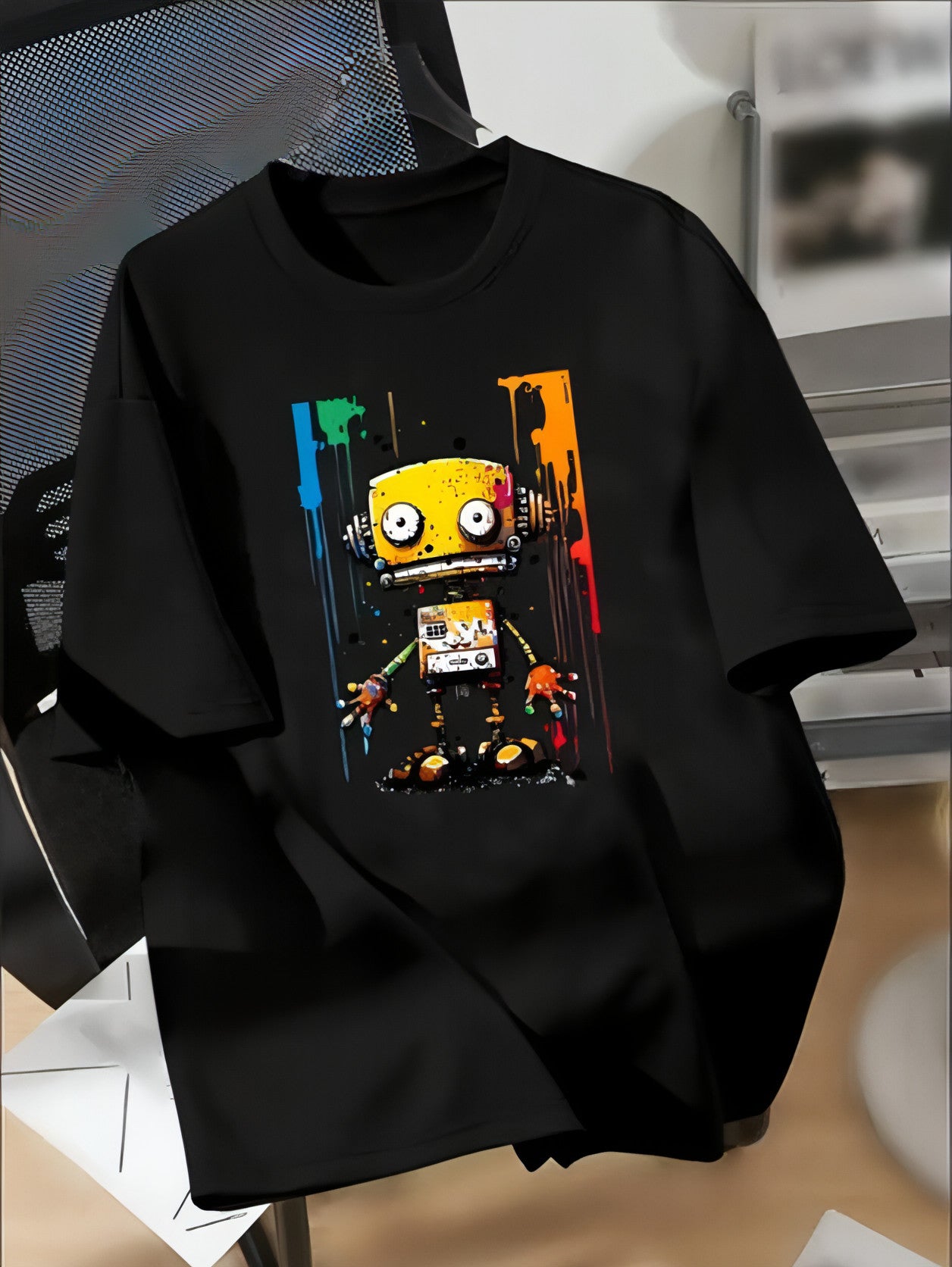 Camiseta con gráfico de robot colorido y divertido geométrico para niños, cuello redondo informal, manga corta, lavable a máquina, perfecta para primavera y verano