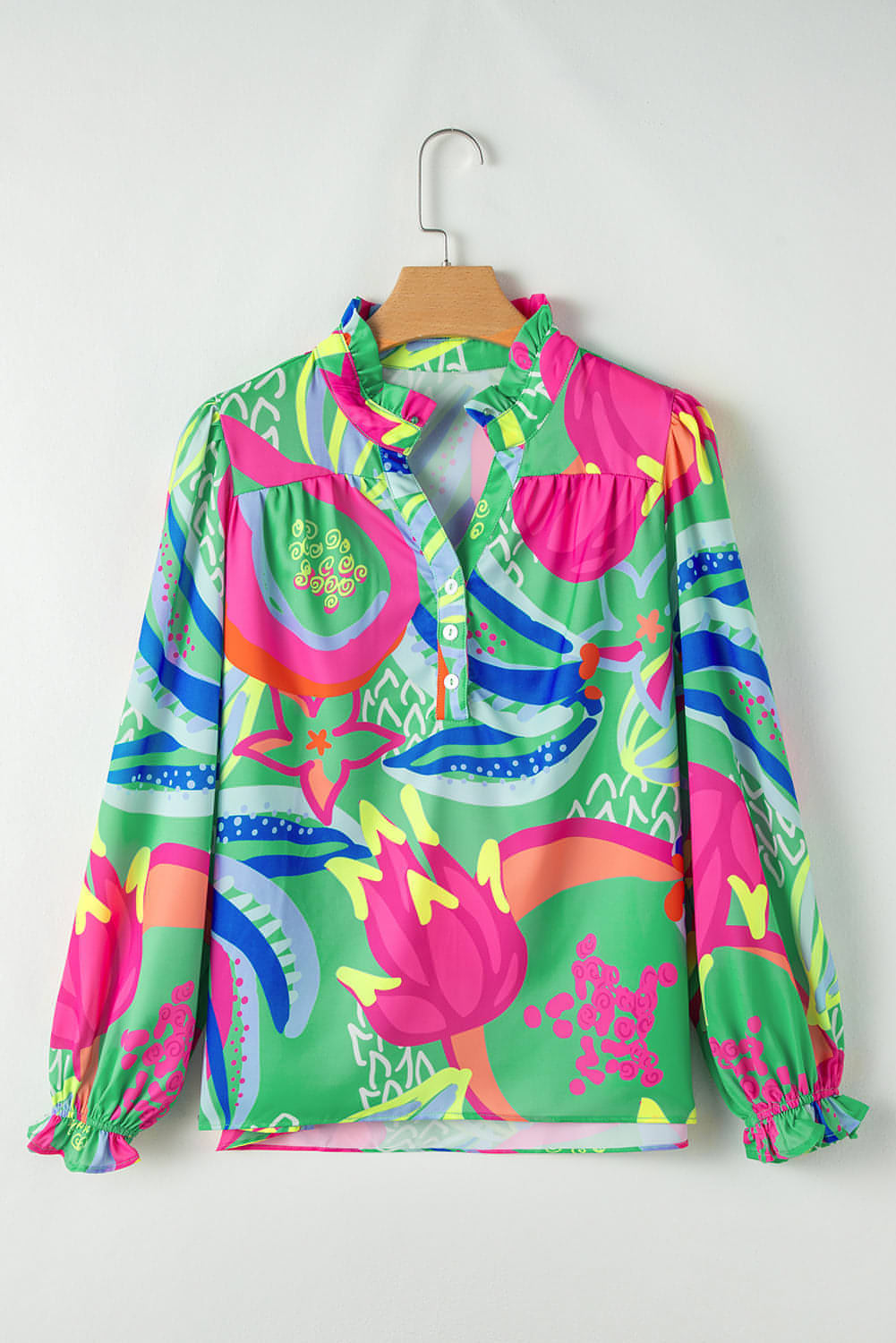 Green Abstract Print Ruffled Sleeve Buttoned V Neck Blouse