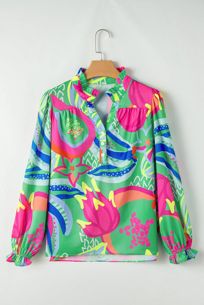 Green Abstract Print Ruffled Sleeve Buttoned V Neck Blouse