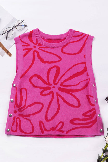 Bright Pink Button Sides Sleeveless Floral Knitted Top