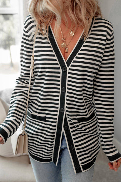 Black Stripe Gumb z dolgimi rokavi Up Tunic Cardigan