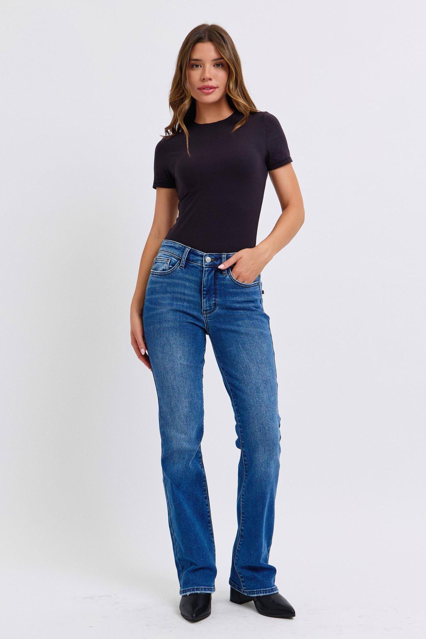 Judy Blue Tam Boy Run Orta Bel Bootcut Jeans, Termal Astarlı