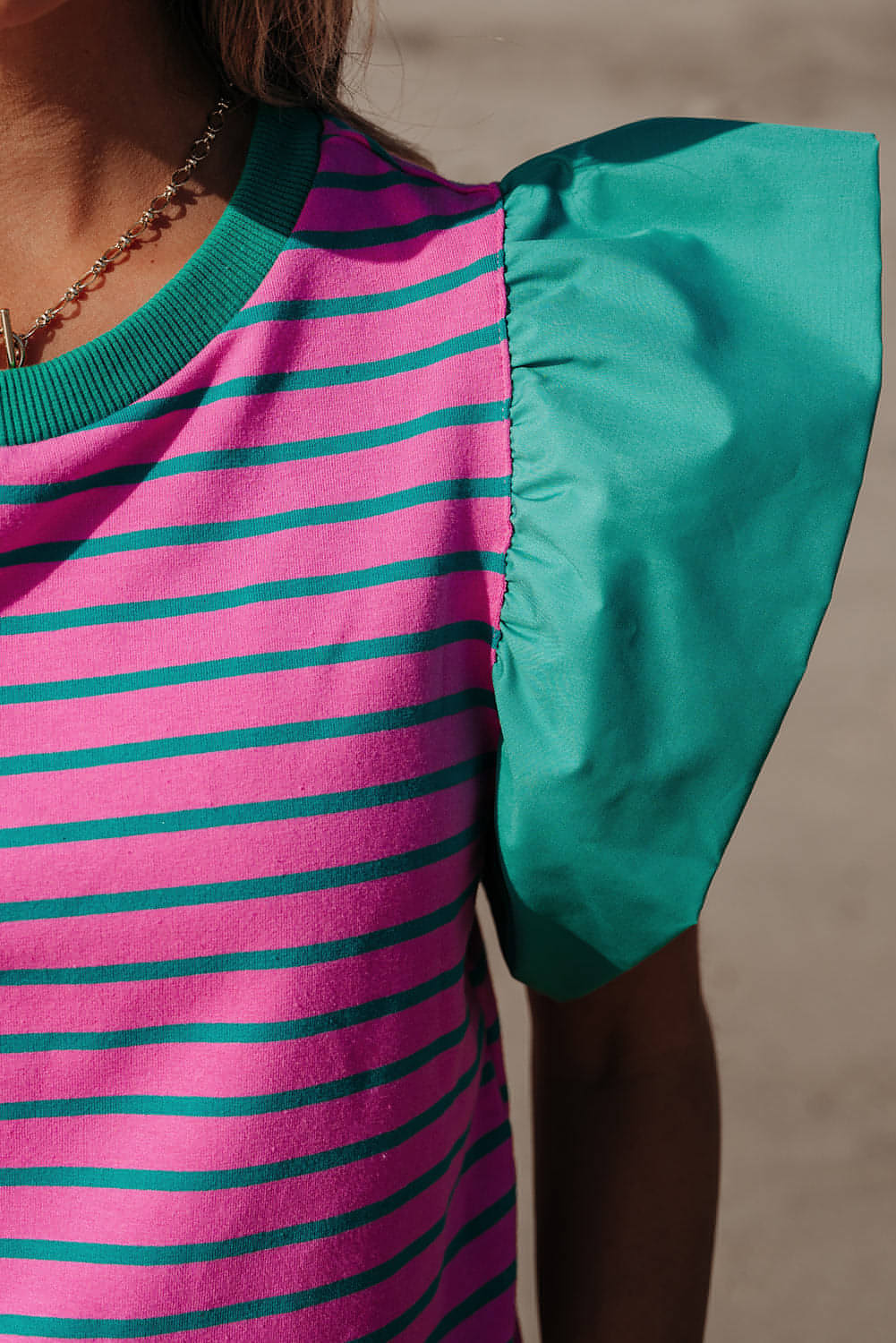 Pink Stripe Colorblock Ruffled Sleeve Crew Neck Blouse