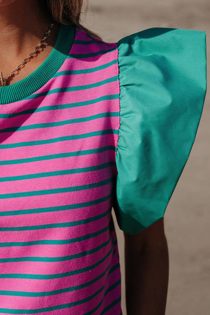 Pink Stripe Colorblock Ruffled Sleeve Crew Neck Blouse