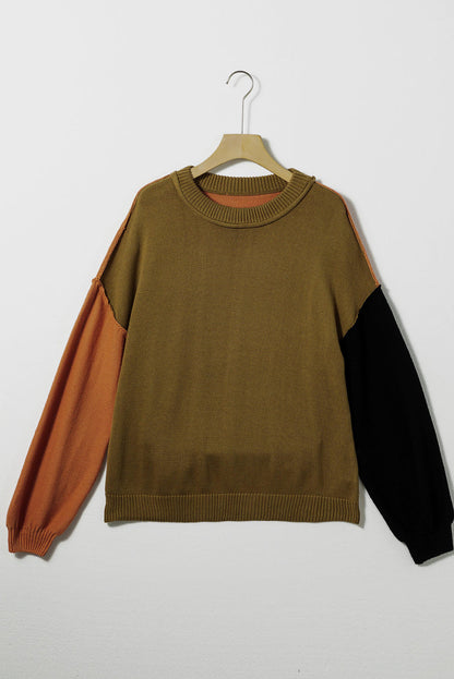 Dschungelgrüner Colorblock-Pullover mit gerippten Ärmeln und Bischofsärmeln