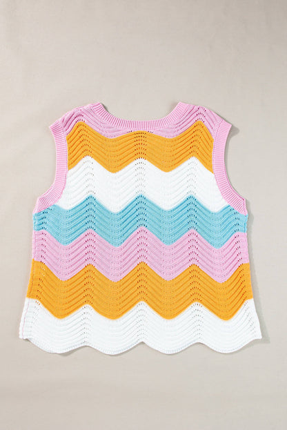 Multicolour Striped Colorblock Scalloped Hem Knitted Vest