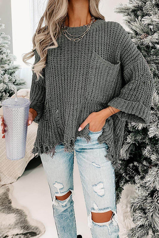 Grå Ripped Raw Hem Chunky Pullover Genser