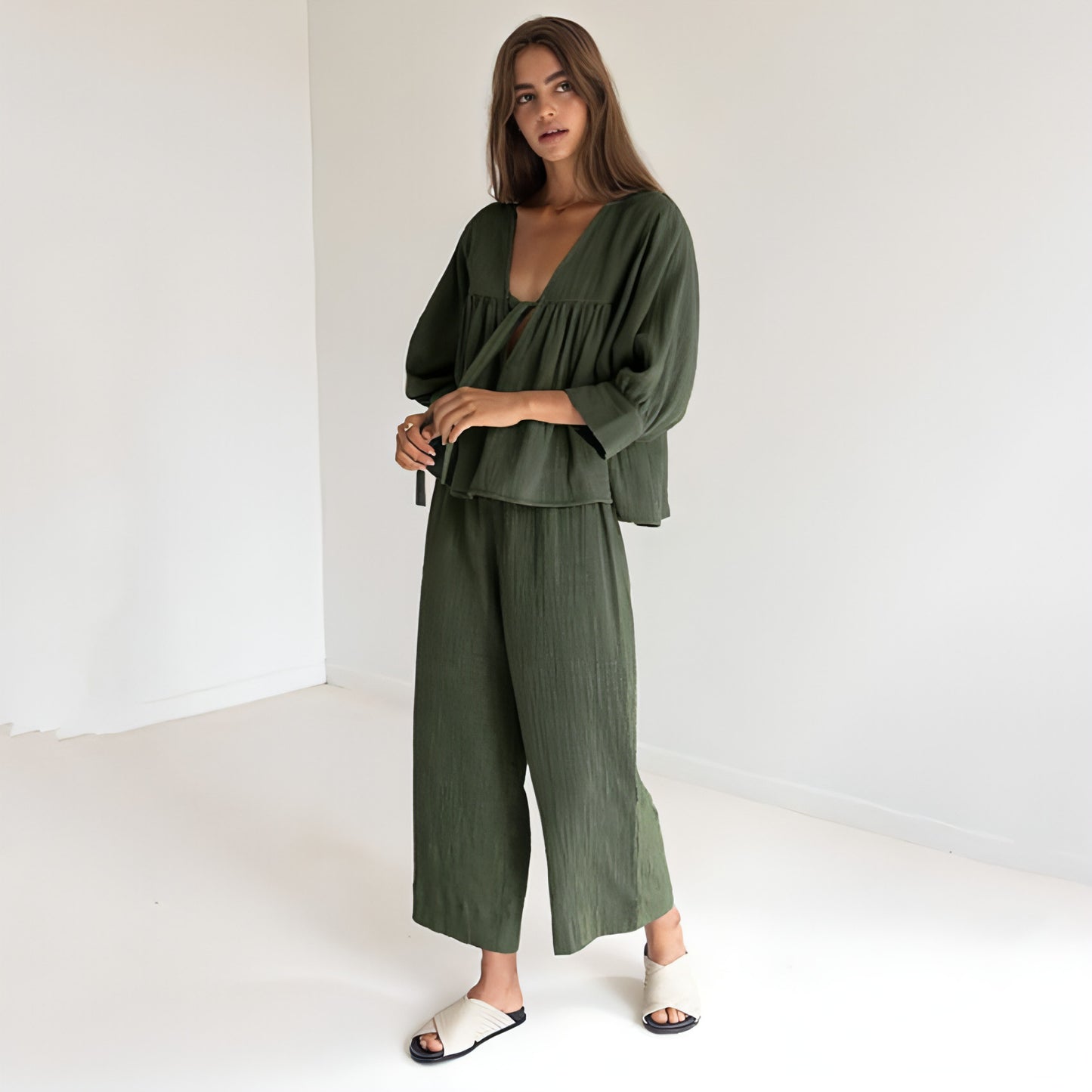 Women's Fashion Long Sleeve Double-layer Crepe Pajamas Trousers Loose Outfit