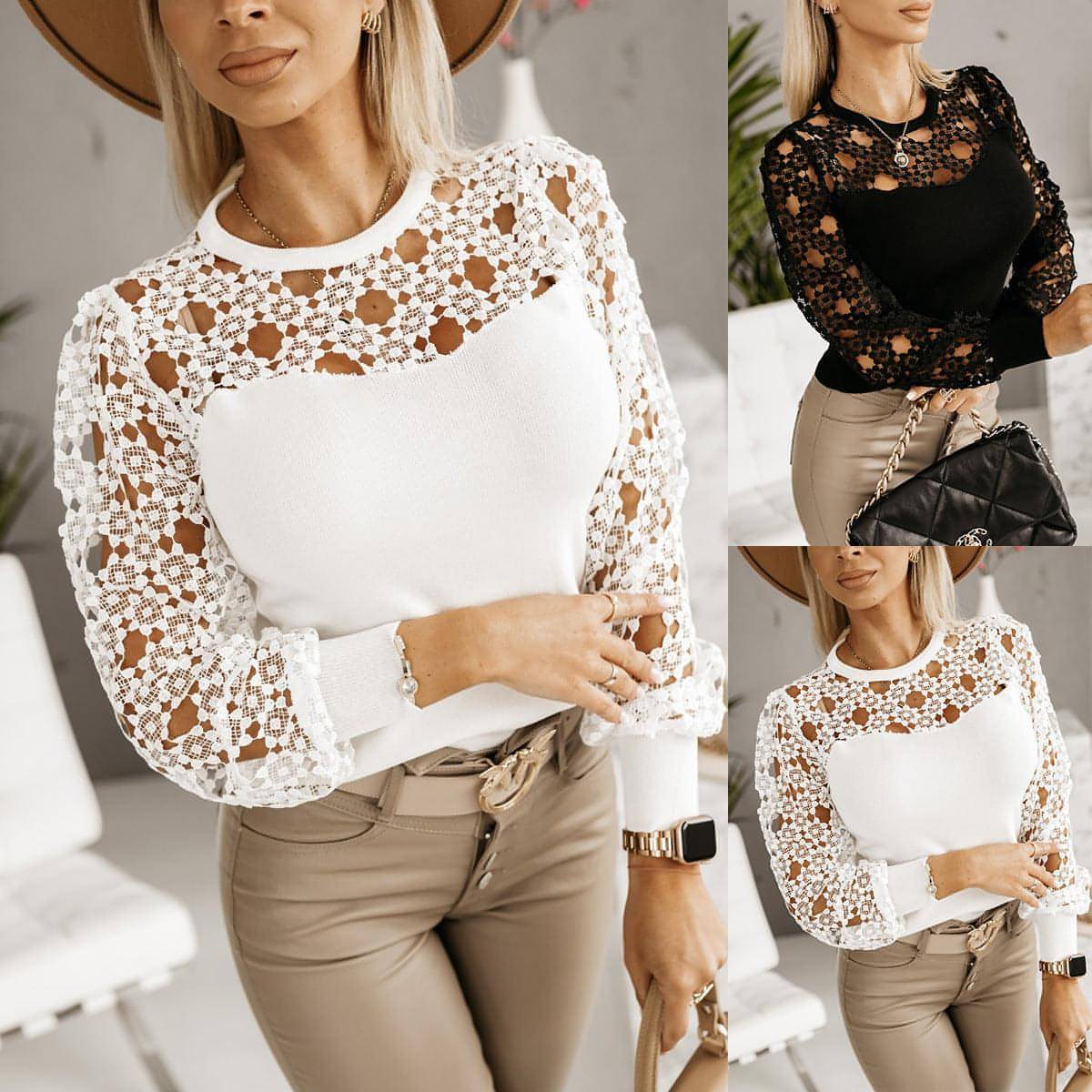 Hollow Out Lace Patchwork Round Neck Long Sleeve T-Shirt Women