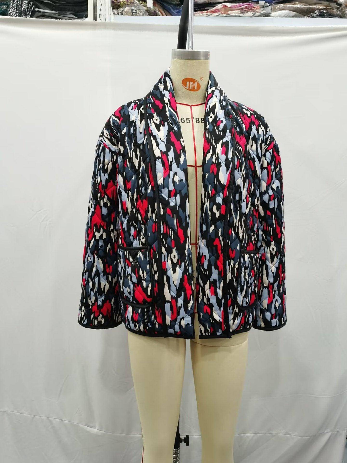 Women's Fashion Temperament Printed Thin Pocket Decorative Cotton-padded Coat Jacket