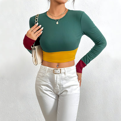 Slim Fit O-neck Short Stitching Long Sleeve T-shirt Women