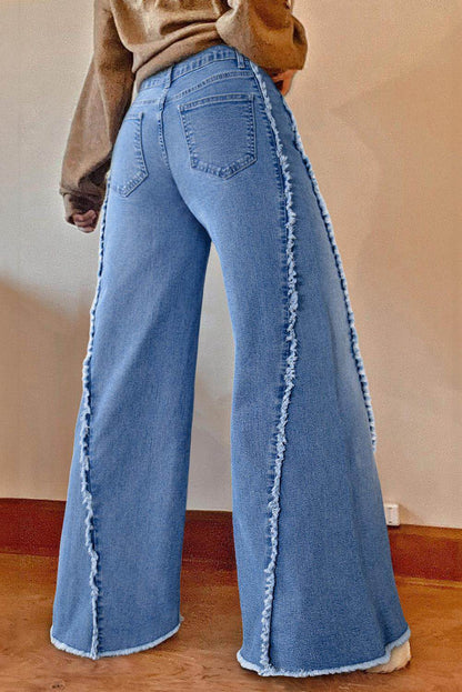 Beau Blue Azul Vintage Stitching Raw Bainha jeans alargada