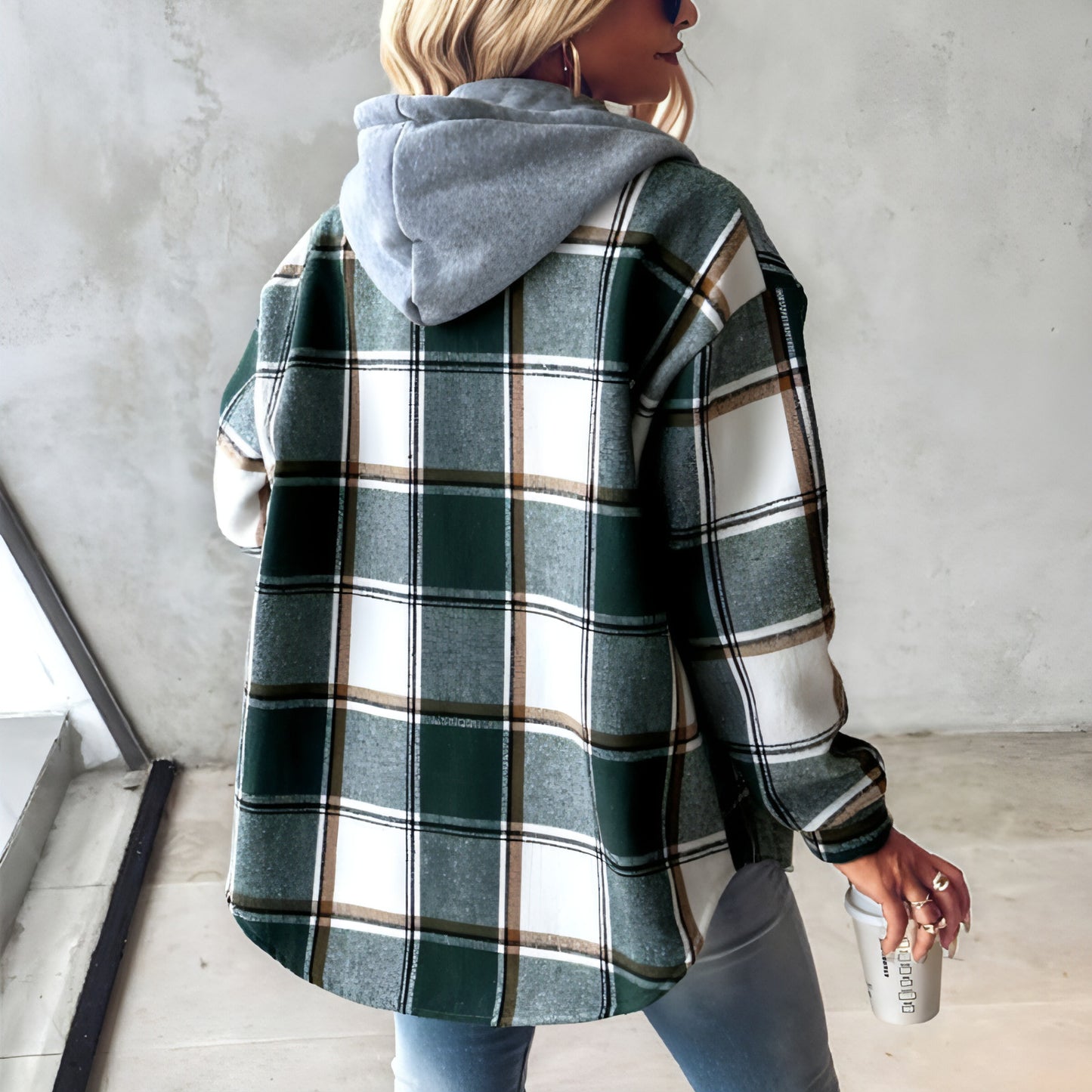 Women's Wear Solid Color Plaid Hooded Jacket