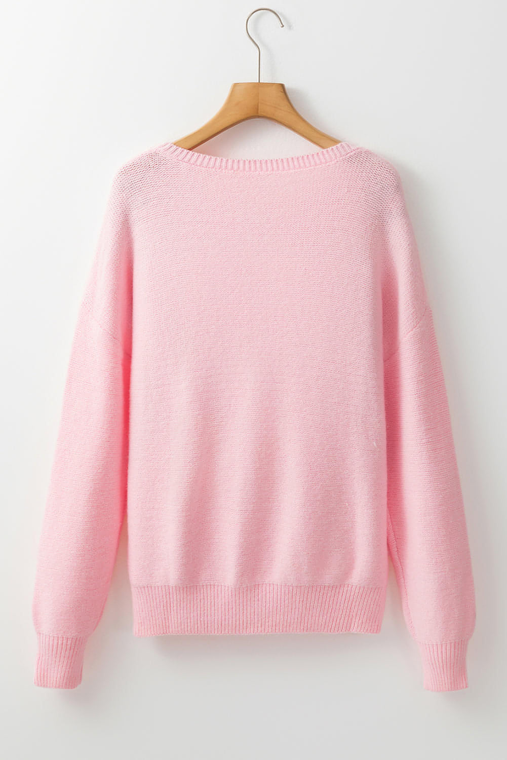 Pink Knitted Flower Pattern Ribbed Edge Sweater