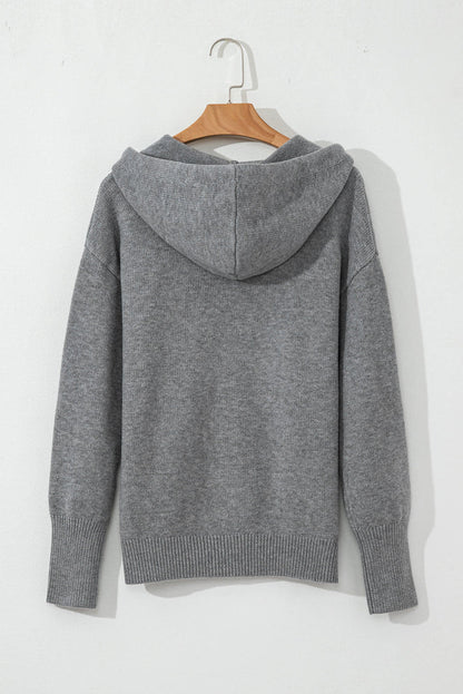 Medium Grey Drawstring Hooded Button Up Drop Shoulder Sweater Cardigan