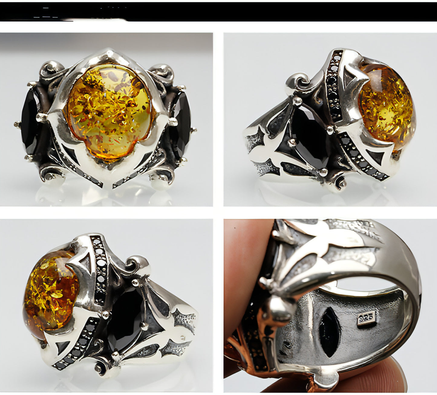 925 Thai Silver Ring Retro Gem Black Stone Amber