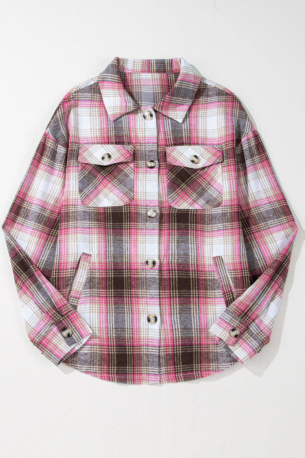 Pink Plaid Flap Pocket -knapp Up Shacket