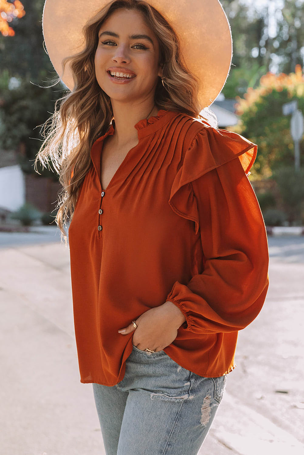 Orange Ruffled Pleated Buttoned V Neck Blouse