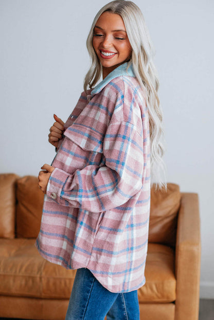 Roze plaid print kleurblok kekeling flapzakken losse shacket