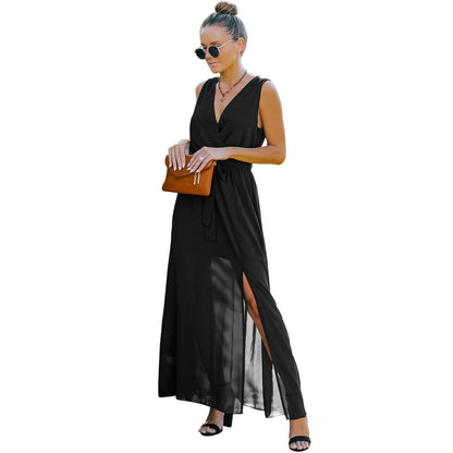 European And American V Neck Dress Women's Long Skirt