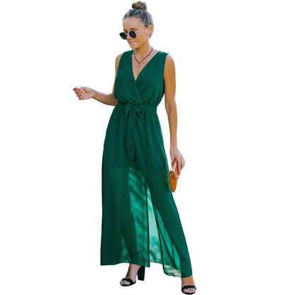 European And American V Neck Dress Women's Long Skirt