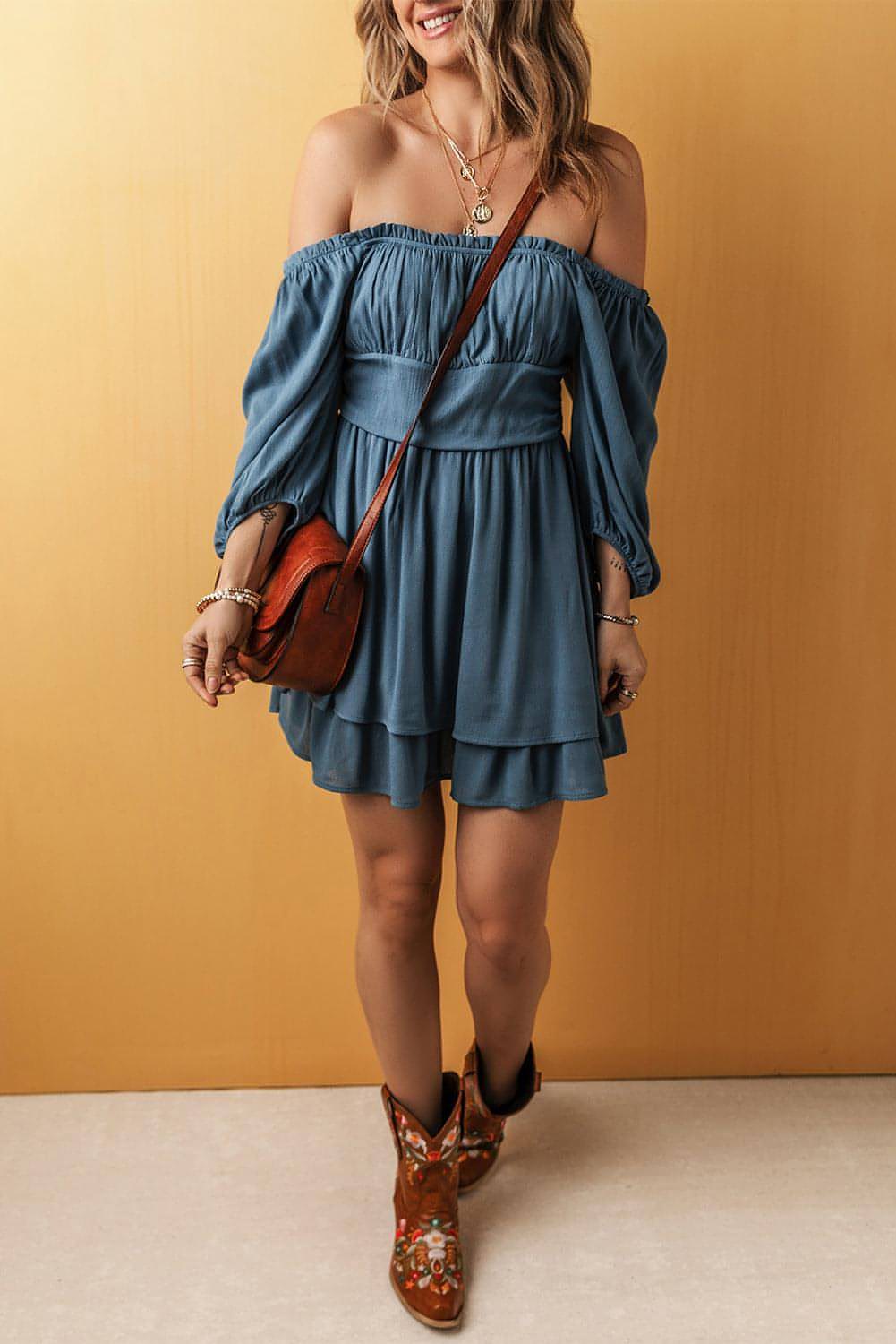 Real Teal Frilled Neckline 3/4 Sleeve Layered Ruched Mini Dress