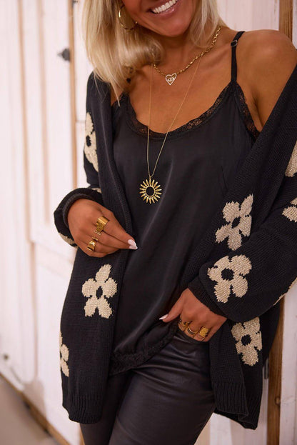 Black Floral Print Knitted Open Front Loose Cardigan