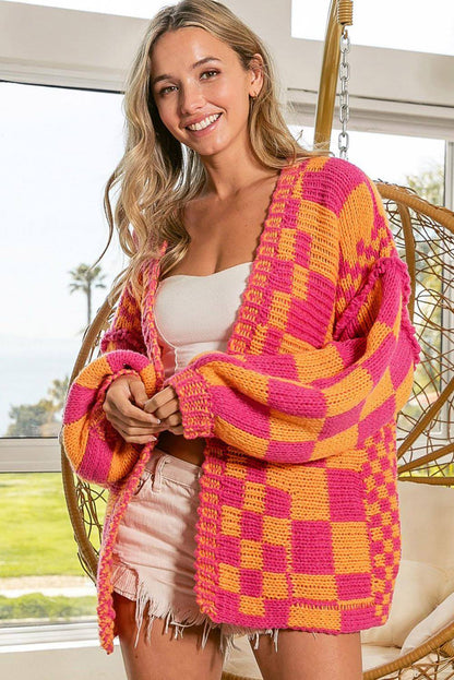 Multicolor Open Front Mixed Checkered Pattern Knit Cardigan