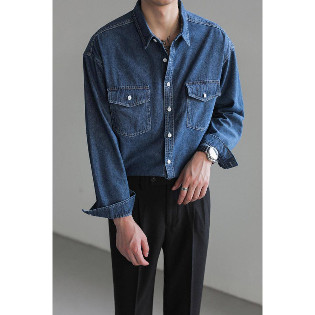 Minority Simple Long Sleeve Denim DressShirt Men's Loose