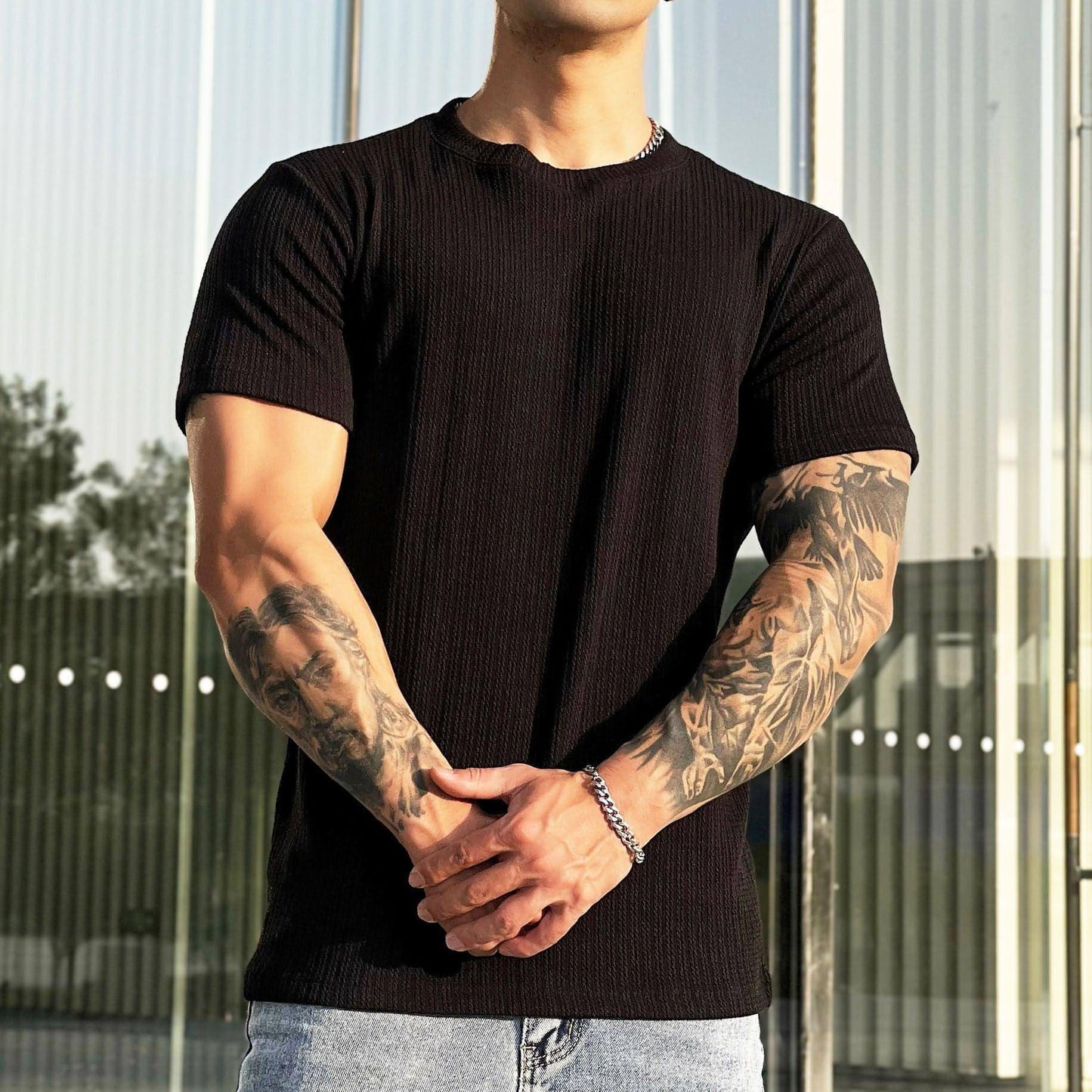 A1. Simplicity All-matching Slim Fit Breathable Stretch Sports Fitness Round Neck Short Sleeve T-Shirt