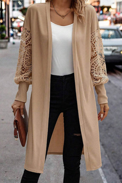 Parchment Lace Patchwork Ribbed Knit Open Front Duster Cardigan