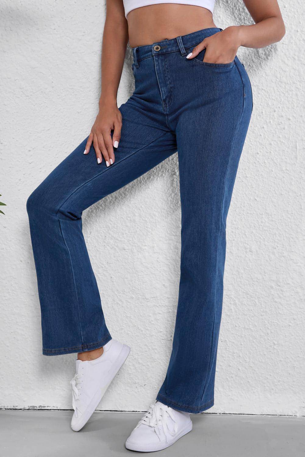 Ashleigh Blue Mid cintura malha elástica jeans de bootcut casual