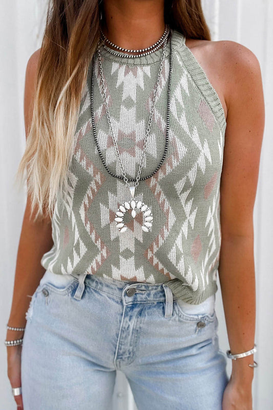 Laurel Green Western Tribal Aztec vzorec pleteni pulover tank