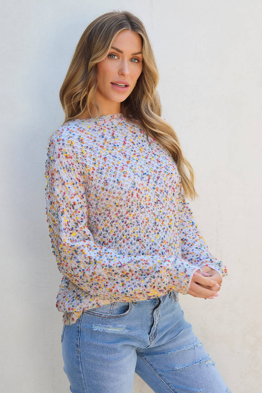 White Confetti Knit Popcorn Sweater Top