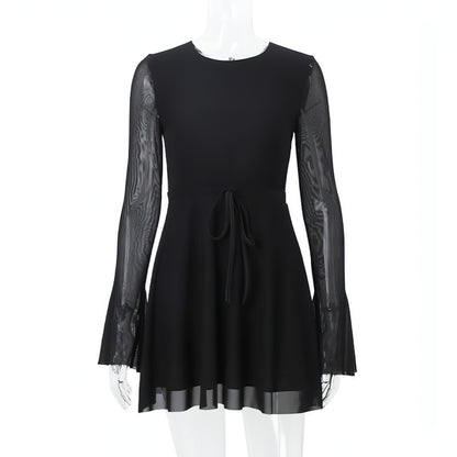 Temperament Crew Neck Horn Long Sleeve Mesh Dress Skinny Skirt