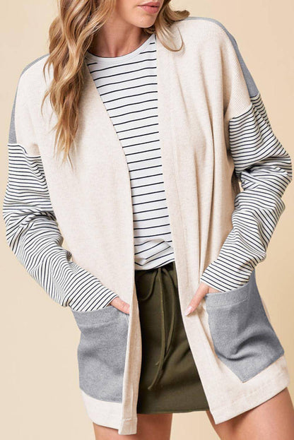 Black Stripe ColorBlock Patchwork Open Front Cardigan z žepom