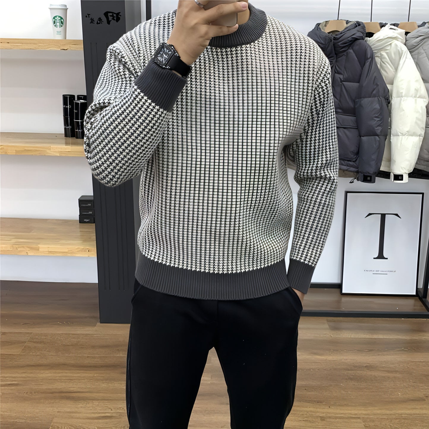 A. Round Neck Base Slim Fit Pullover Thick Plaid Sweater