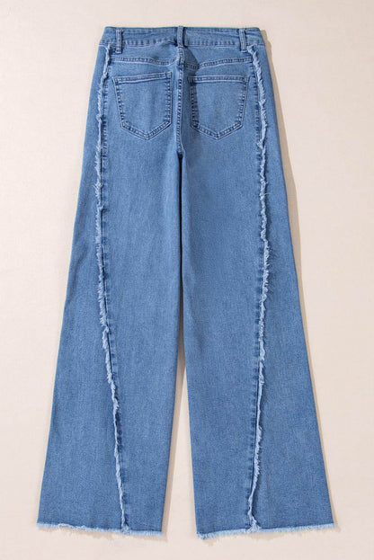 Beau Blue Vintage Stitching Raw Hem Flared Jeans