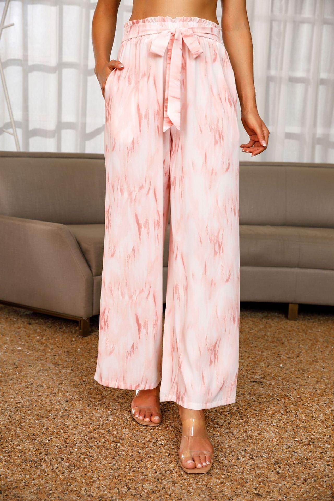 High-waisted Lace-up Chiffon Wide-leg Trousers