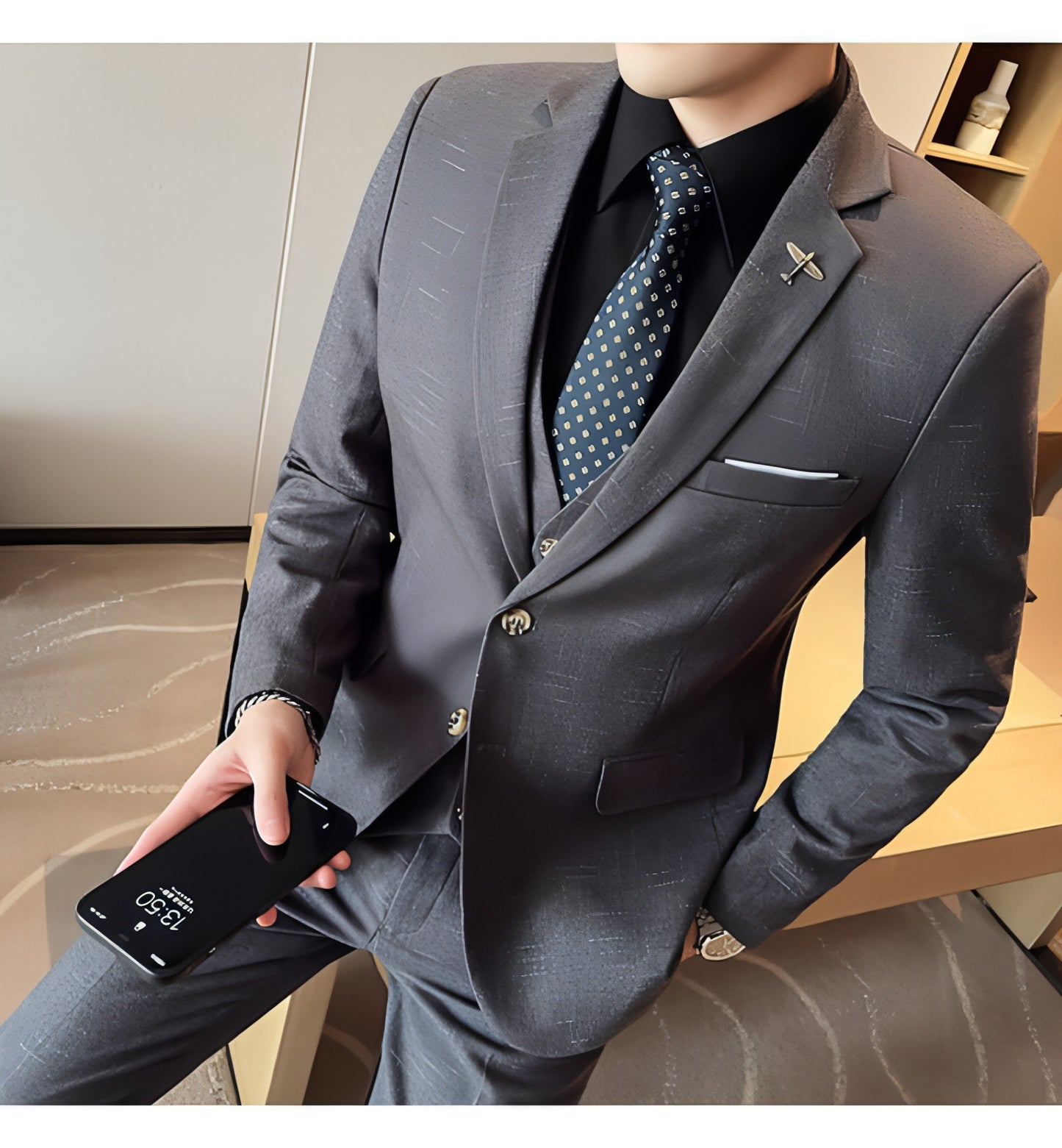 Fashion Mesh Plaid Men Tuxedo Three-piece Suit